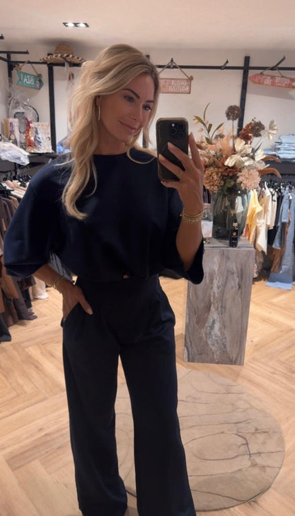 Navy Cropped Set met Wijde Broek