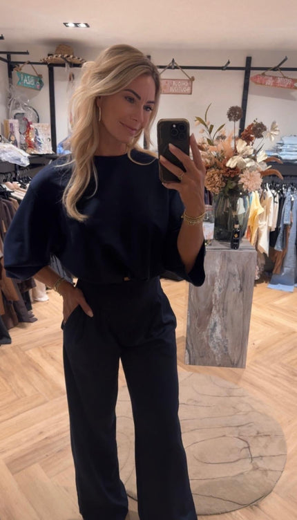 Navy cropped set met wijde broek one size