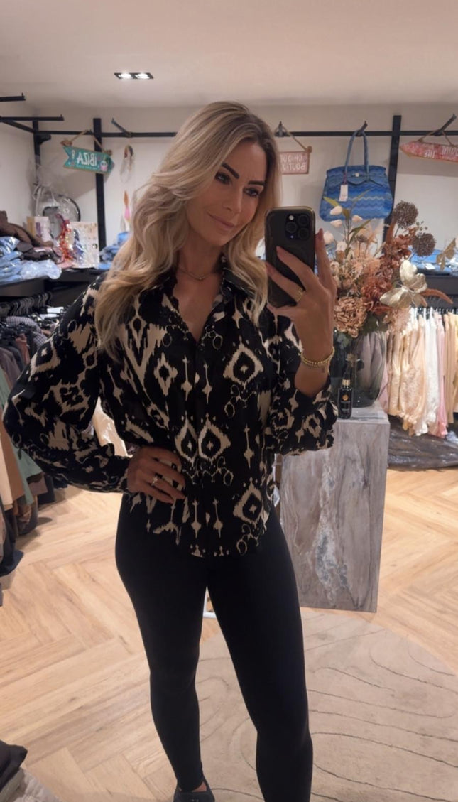 Blouse Zwart met Beige Print