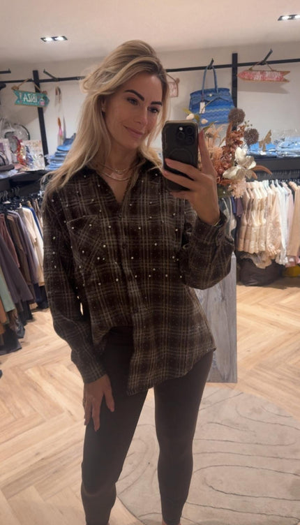 Blouse Geruit Met Studs Donkerbruin