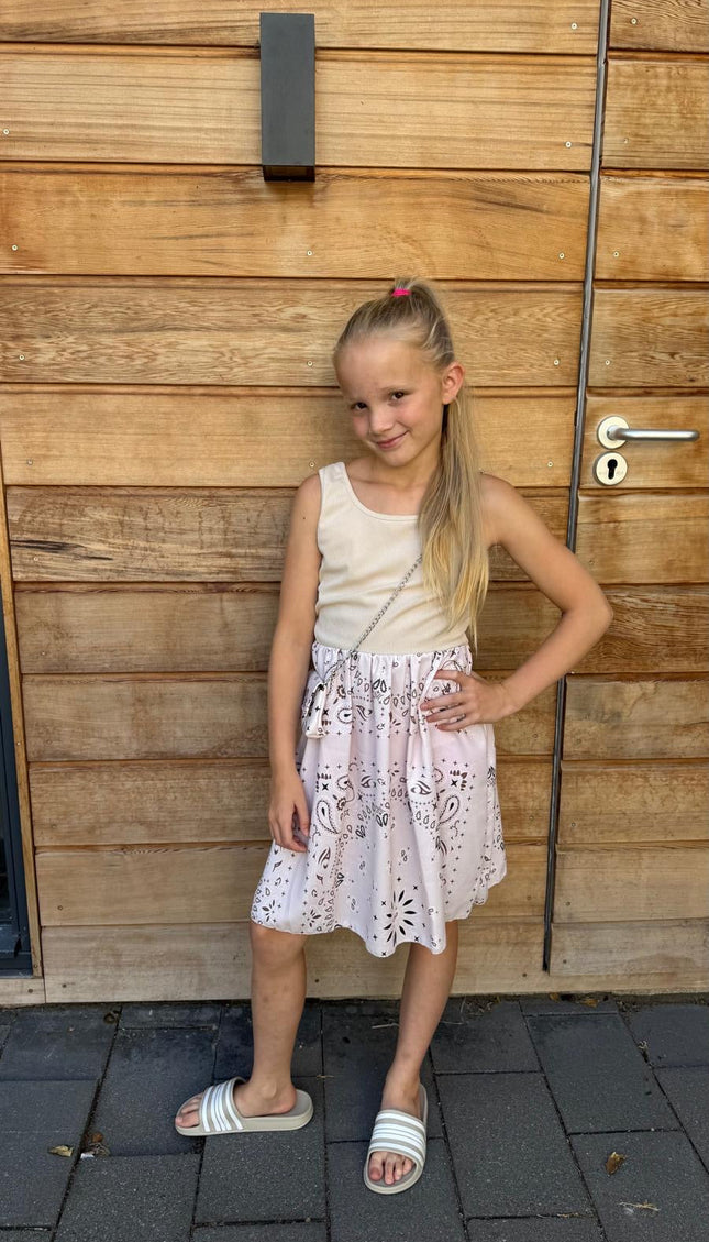 Meisjes 2-delige set wit topje met roze bandana-print rok