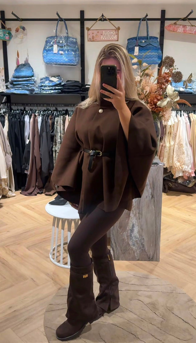 Bruine Poncho met Ceintuur