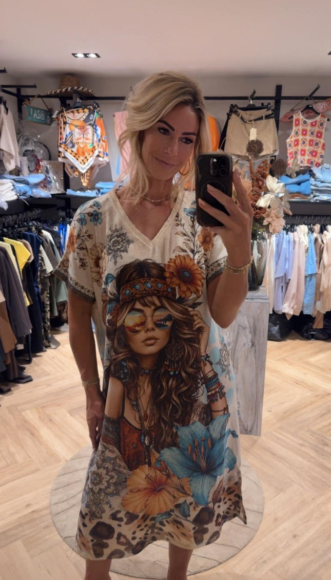 Boho Print Jurk - Ecru Festive