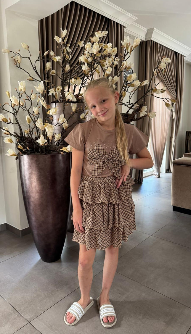 Meisjes 2-delige set beige t-shirt met bruine geruite gelaagde rok