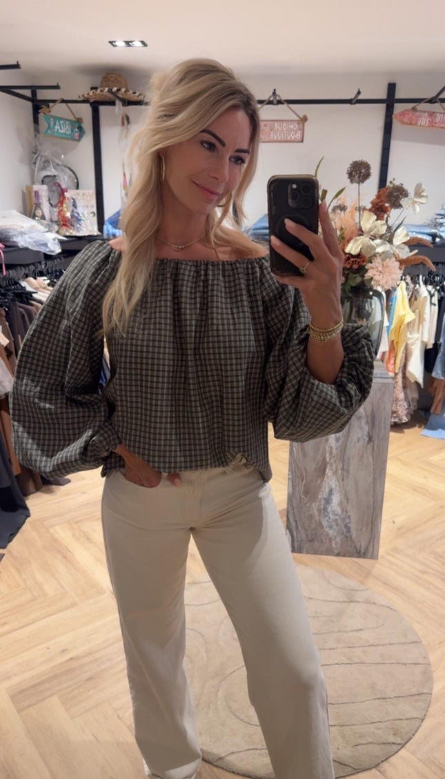Blouse Off-Shoulder Geruit