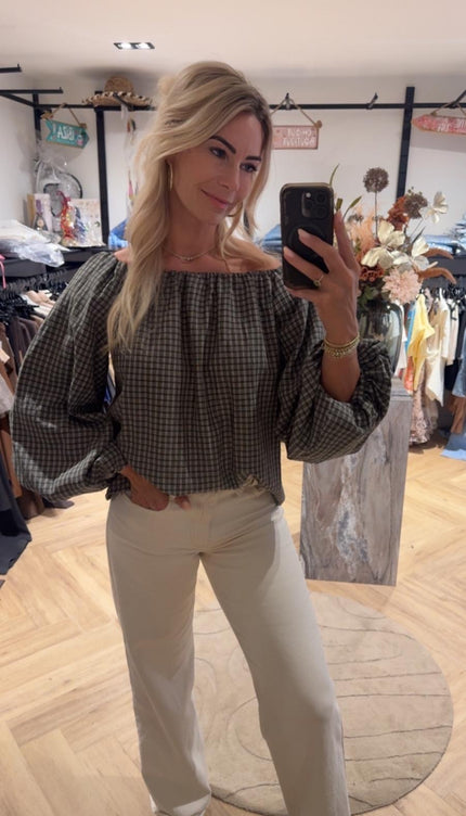Blouse Off-Shoulder Geruit