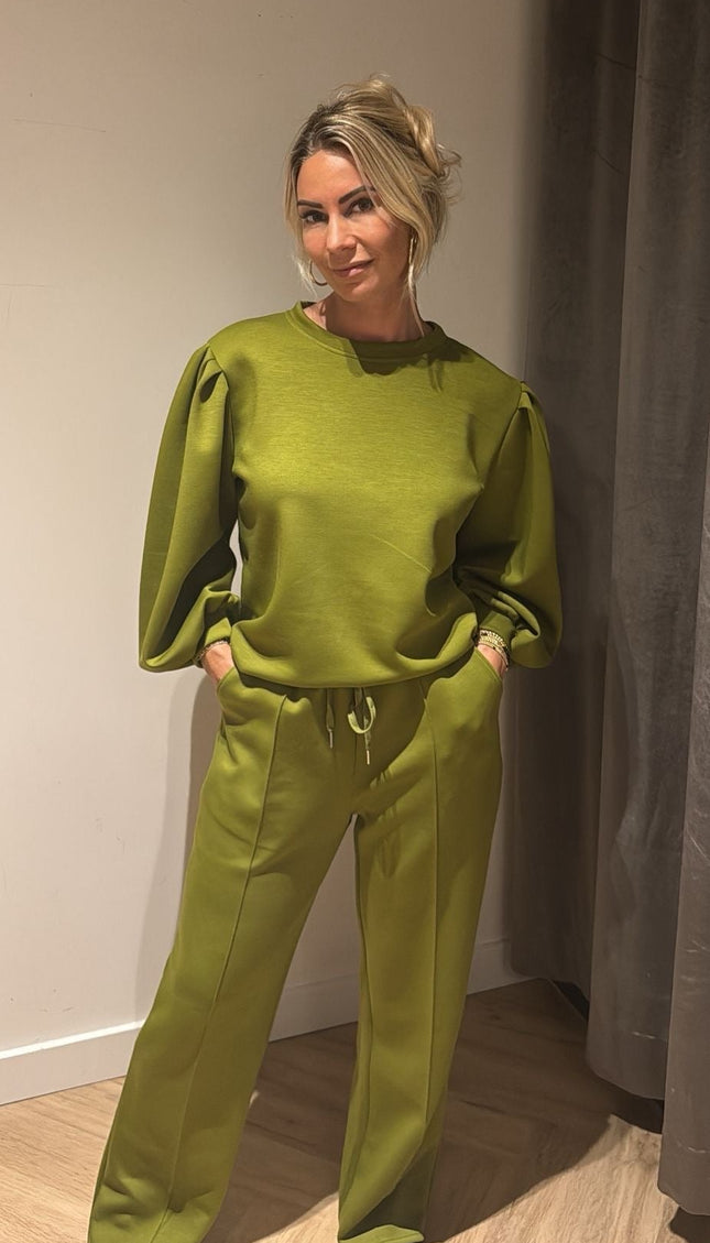 2 Delige Set Puff Sleeve Olijfgroen