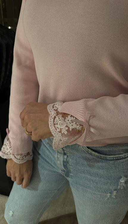 Top Kanten Mouw Details Baby Roze