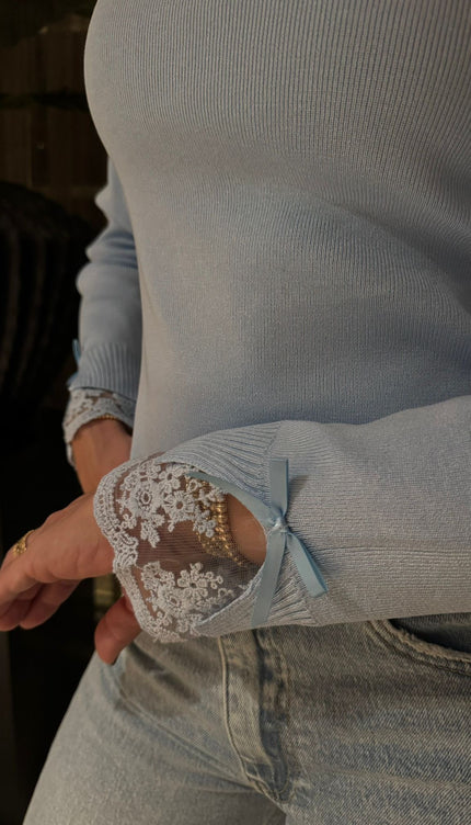 Top Kanten Mouw Details Baby Blauw