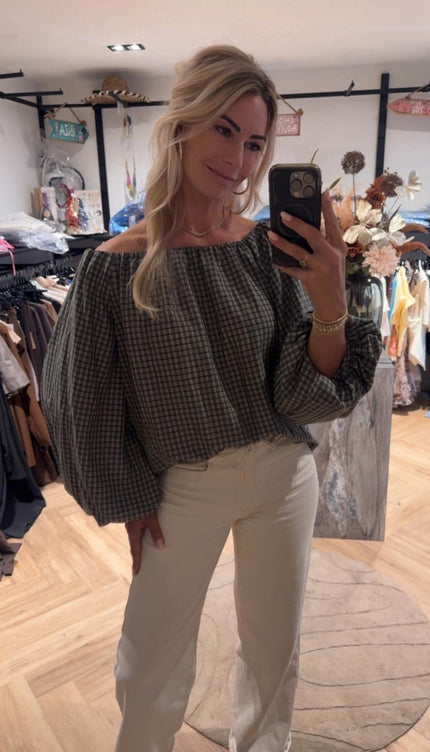 Blouse Off-Shoulder Geruit