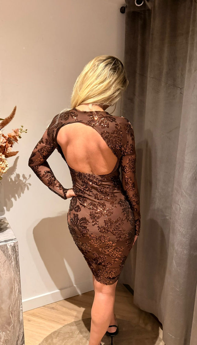 Mesh Jurkje Choco - Sequin Open Back Choco