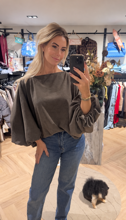 Donkertaupe top met ballonmouwen