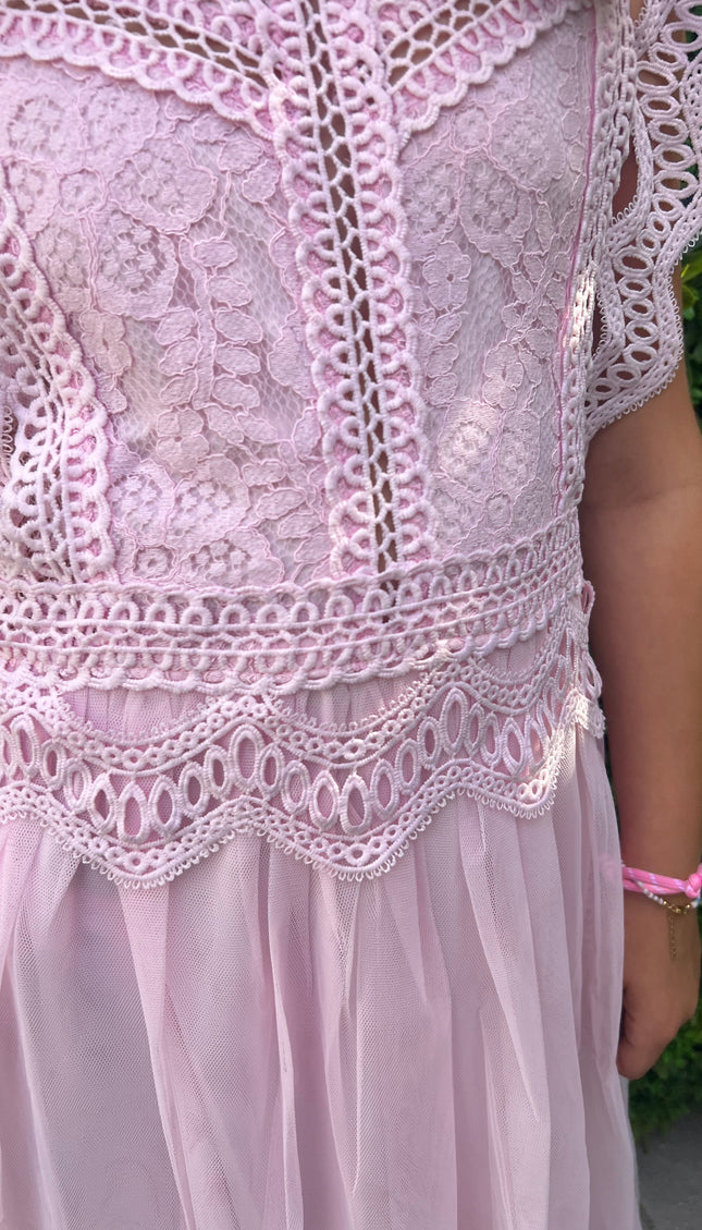 Meisjes roze kant tule jurk zij