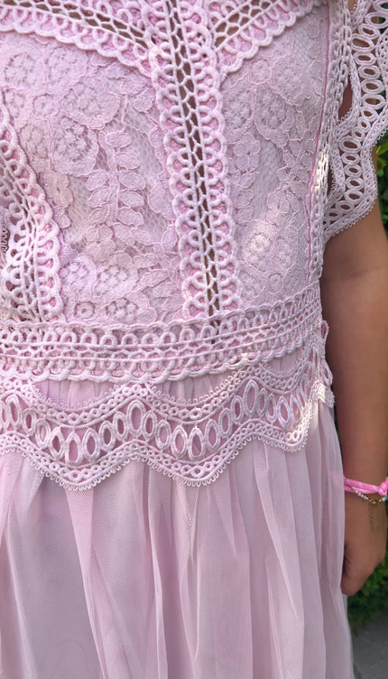 Meisjes roze kant tule jurk zij