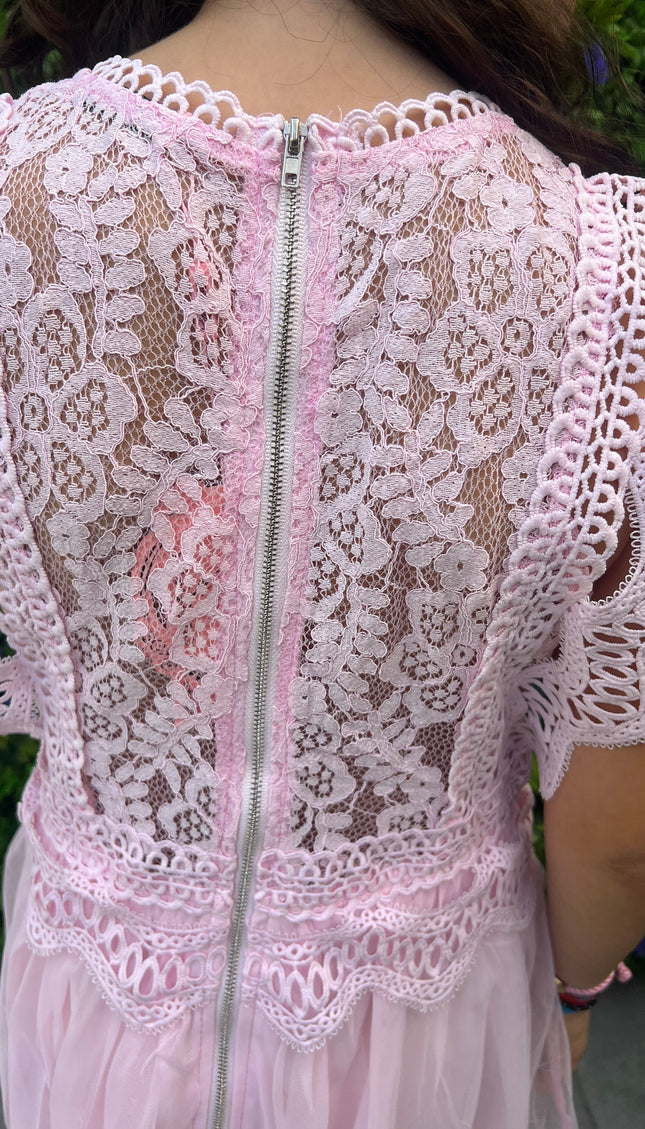 Meisjes roze kant tule jurk achterkant detail