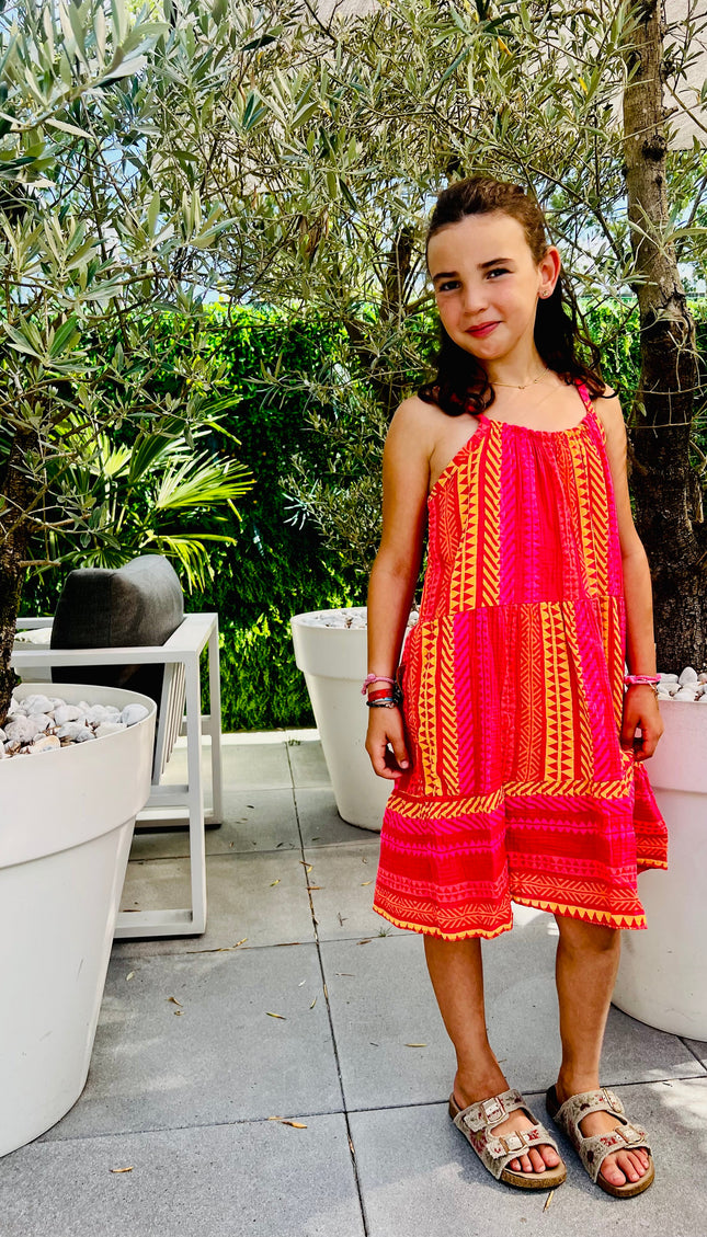 Meisjes roze tribal print zomerjurk voorkant