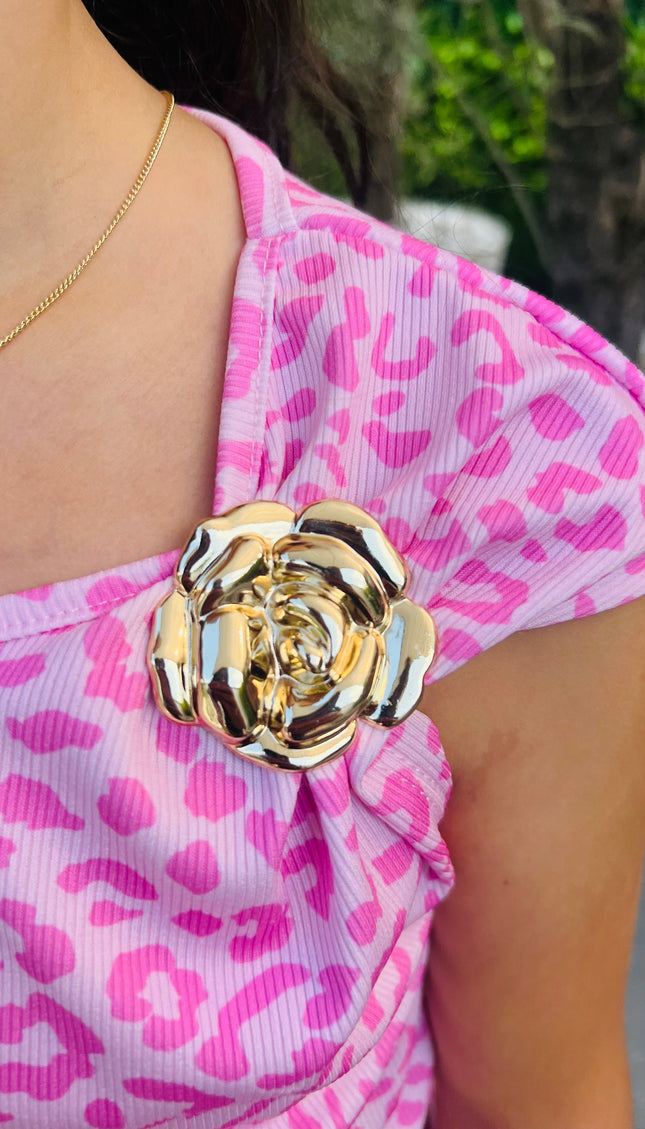 Meisjes roze luipaardprint set top detail met gouden roosjes