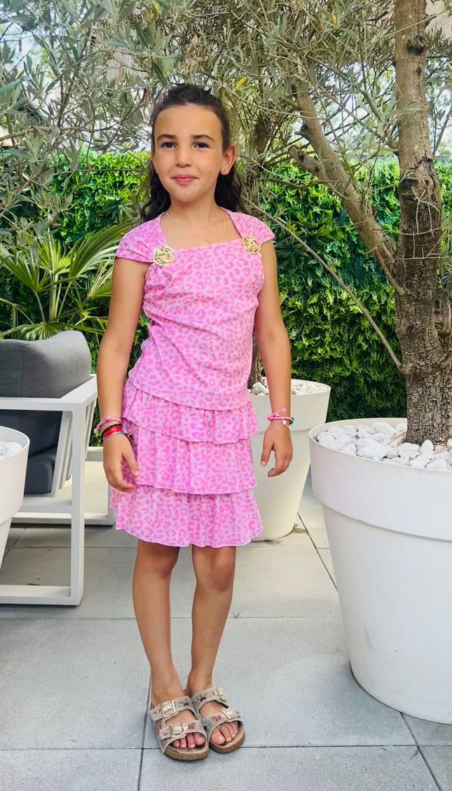 Meisjes roze luipaardprint set gouden roos detail