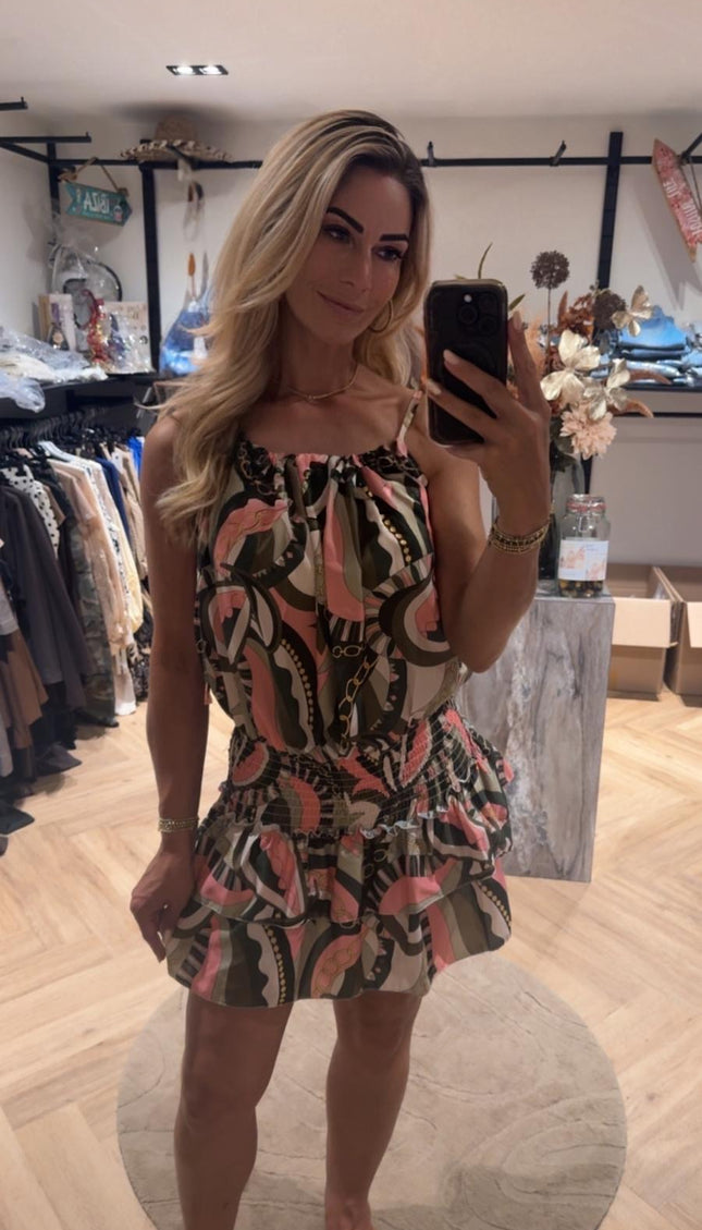 Satin Mini Dress Paisley Donkergroen Roze