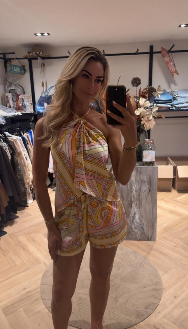 2-Delige Set Halter Aztec Print Geel Roze