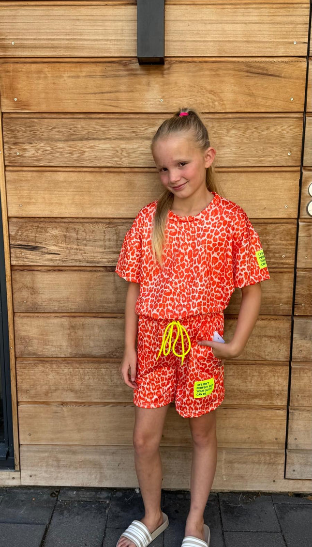 Meisjes oranje luipaardprint 2-delige set met neon gele details