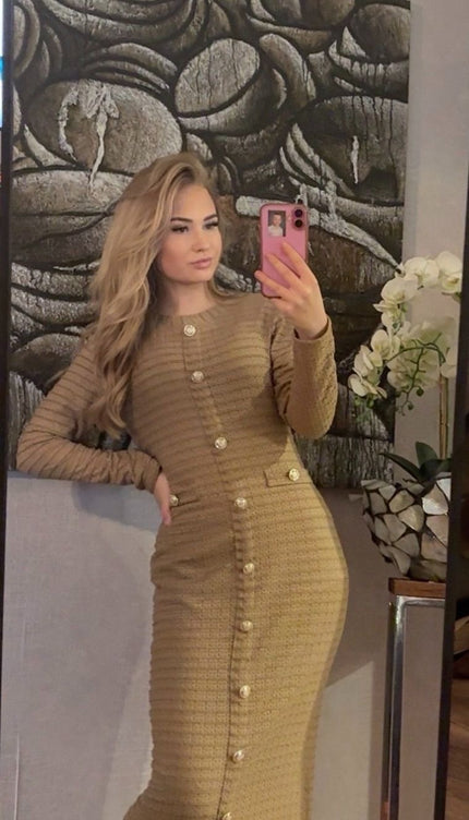 Maxi Jurk Golden Buttons Camel