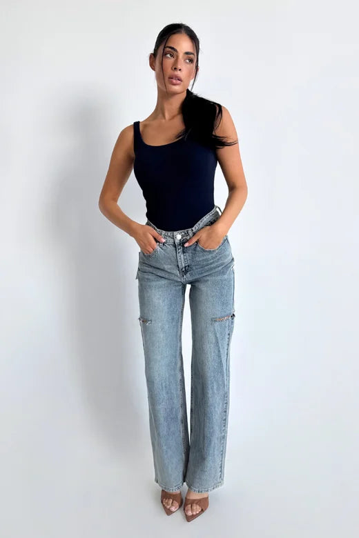 JUNE WIDE LEG JEANS - MID BLUE